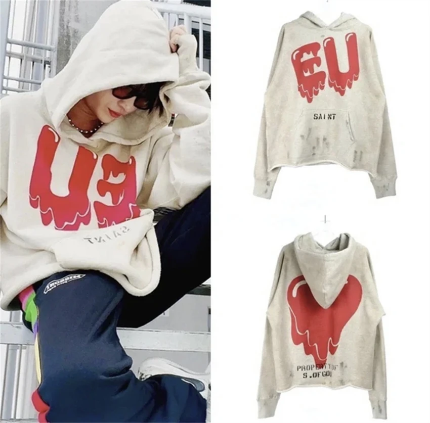 Vintage Dissolved Letter Water Washed Graffiti Printed High Street Loose Casual Hoodie Fleece Hoodie Japanese Street Oversize