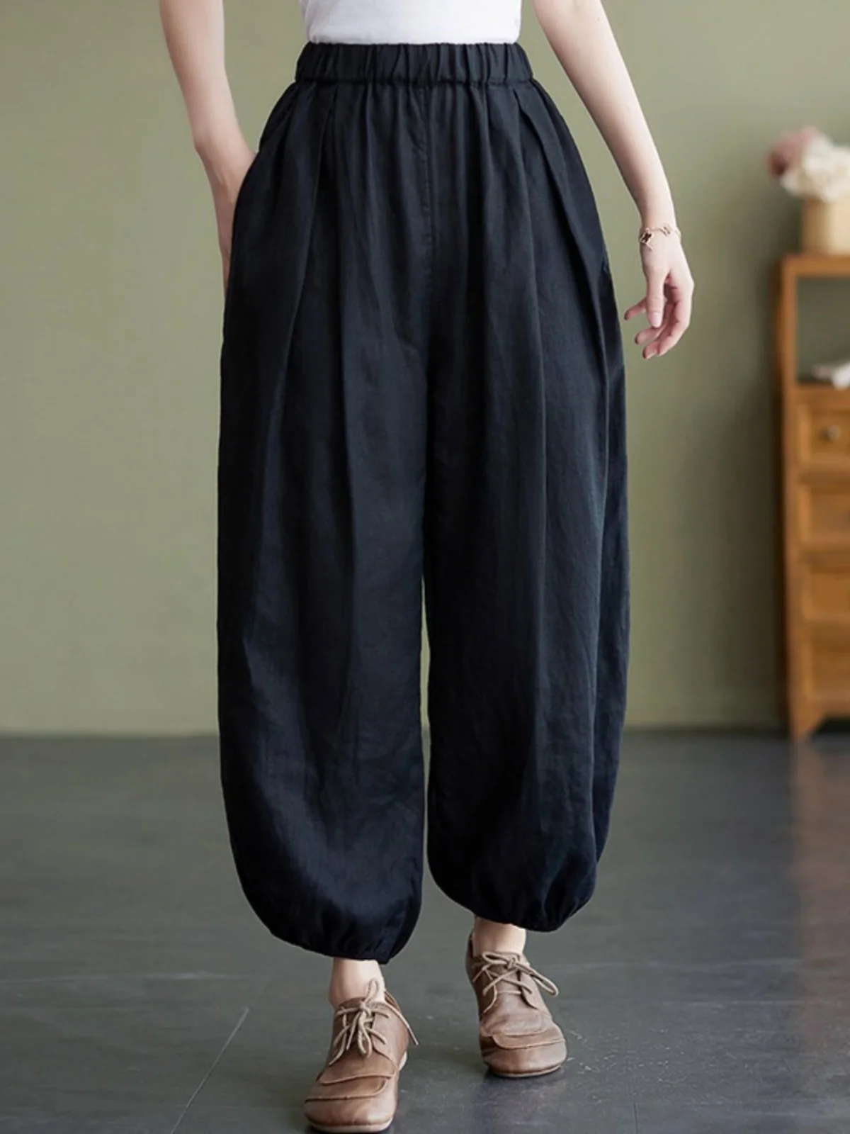일본식 코튼 린넨 랜턴 바지 여성 솔리드 컬러 루즈 캐주얼 바지 하이 웨이스트 9 포인트 린넨 하렘 바지