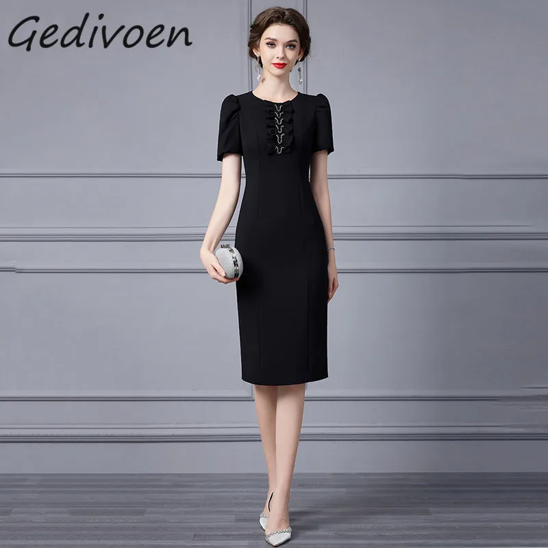 Gedivoen Summer Fashion Runway Vintage Buttock Covering Dress Women's O-Neck Nail Bead Ruffles High Waist Slit Party Midi Dress