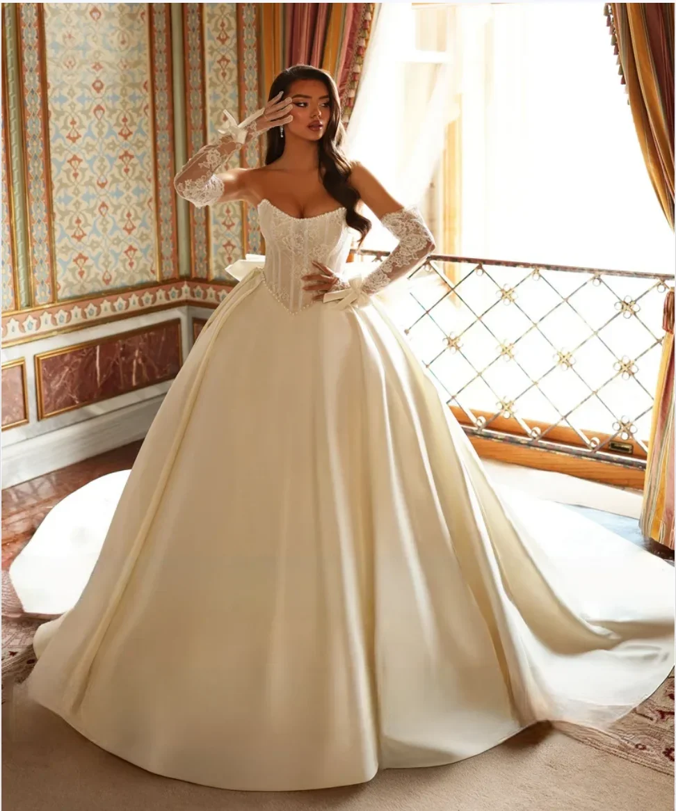 Customized Exquisite Long Sleeve Ball Gown Wedding Dress Luxury Pearls Beading Satin Vestidos De Novia Princess Bridal Gown