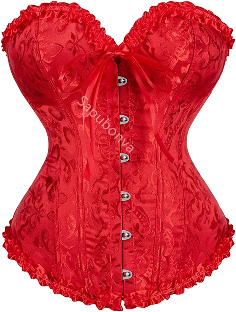 Corset Shirt Set Blouse 2pcs Plus Size Women Bustiers Top Sexy Vintage Flower Print Lingerie Corselet Lace Korsett Black Red