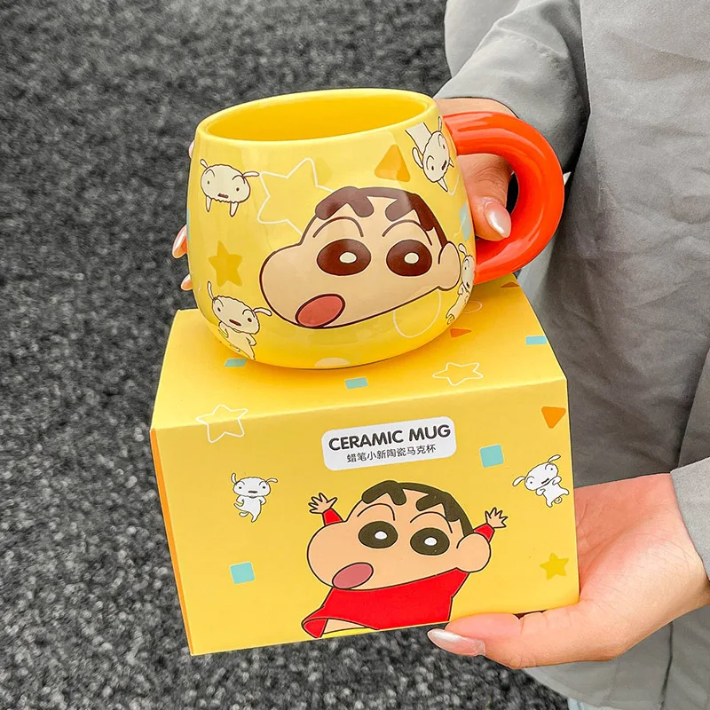كوب سيراميك برسومات تلوين شين تشان كرتونية مع ملعقة ، كوب شرب مكتبي لطيف ، كوب حليب منزلي ، قهوة