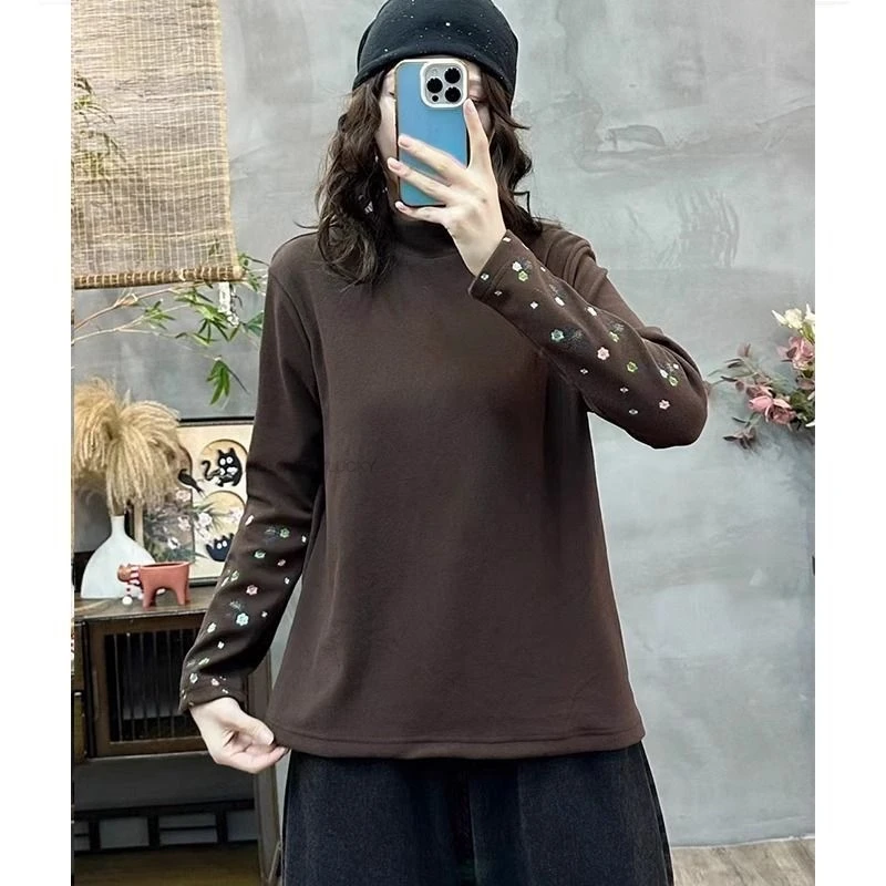 خمر النمط الصيني الكلاسيكي التطريز العرقية نصف الياقة المدورة قاعدة طبقة دافئة أعلى الخريف الشتاء قاعدة النمط الصيني الجديد