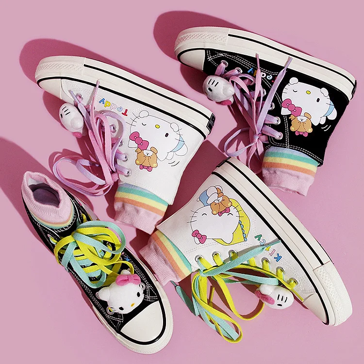 

Kawaii Sanrio Hello Kitty High-top Flat Canvas Shoes Couples Student Sneakers Trend Graffiti Hand-painted Cute Casual Shoes