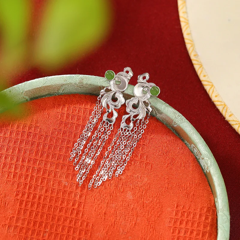 S925 Silver Gold-Plated Hetian Jade Tassel , Vintage Style, Elegant And Classy Earrings