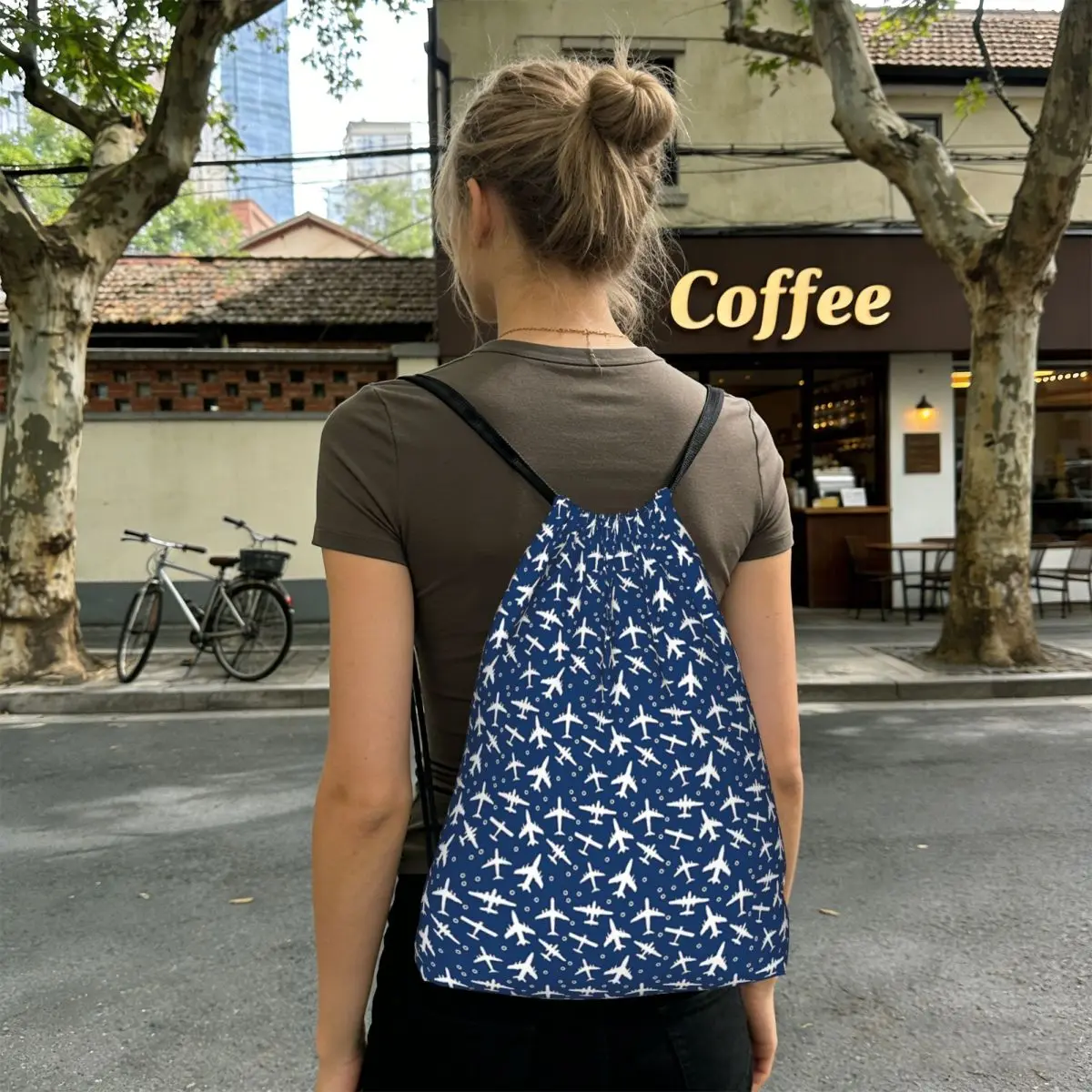 Blue And White Aeroplanes Silhouette Pattern Backpacks Fashion Drawstring Bags Storage Bag Book Bags for Travel School