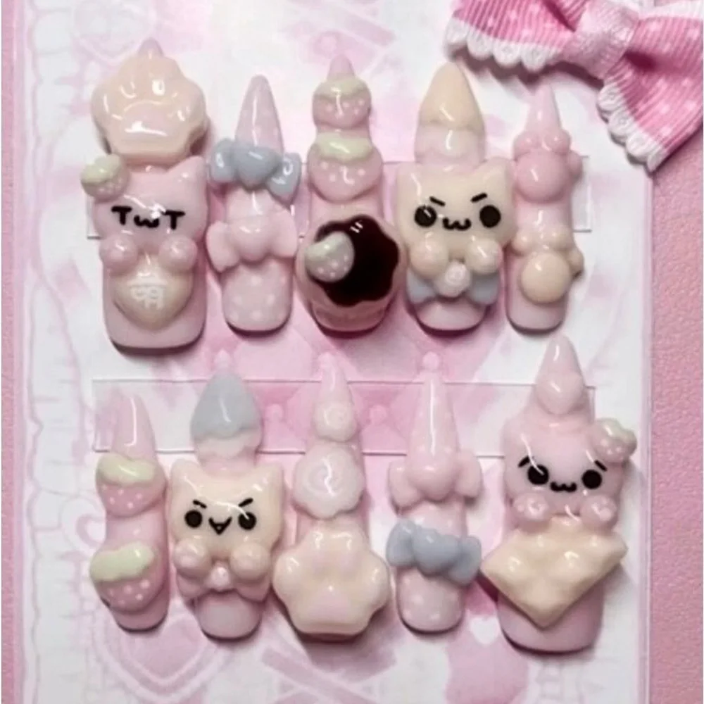 Niedliche Retro Japanische Rilakkuma Rosa Kaninchen Mandel Künstliche Nägel 3D Schleife Stern Katzenpfote Erdbeere Aufklebenägel Handaccessoires – Detail 20