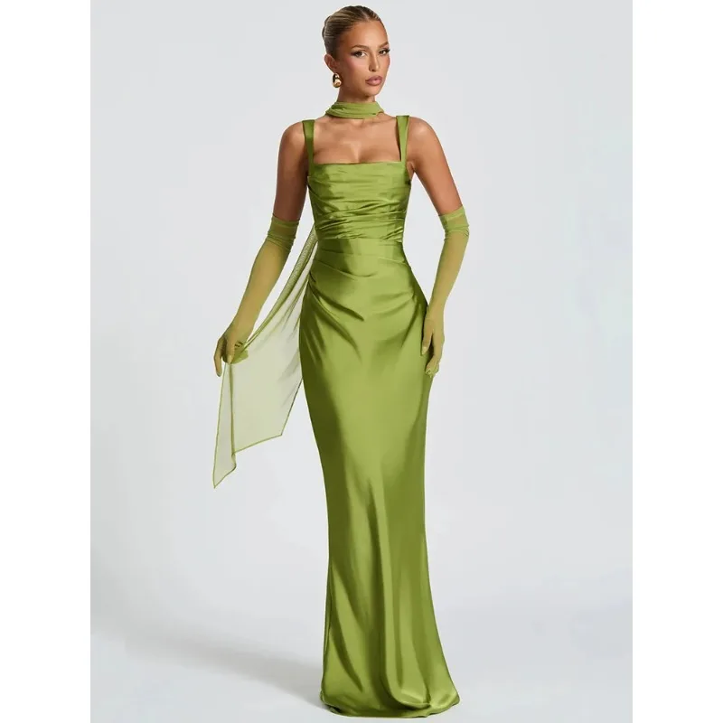 

Satin Backless Sexy Maxi Dress Women Elegant Halter Off-shoulder Sleeveless Lace-up Bodycon Club Party Long Dresses