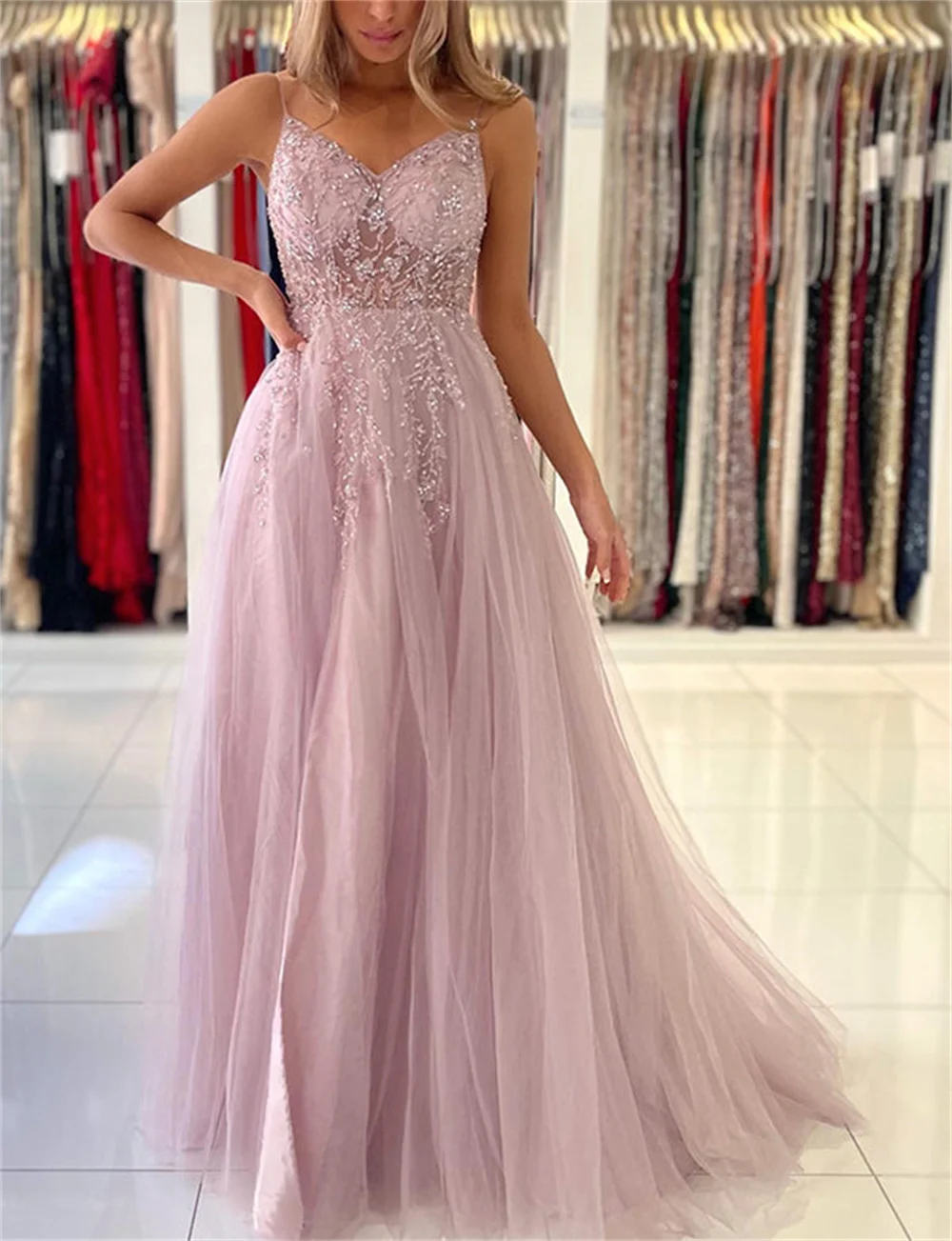 Sequins Blue Tulle Prom Dress A-Line Spaghetti Strap Sexy V-Neck Side Split Vestido De Novia Deep Sleeveless 2023 Prom Gown