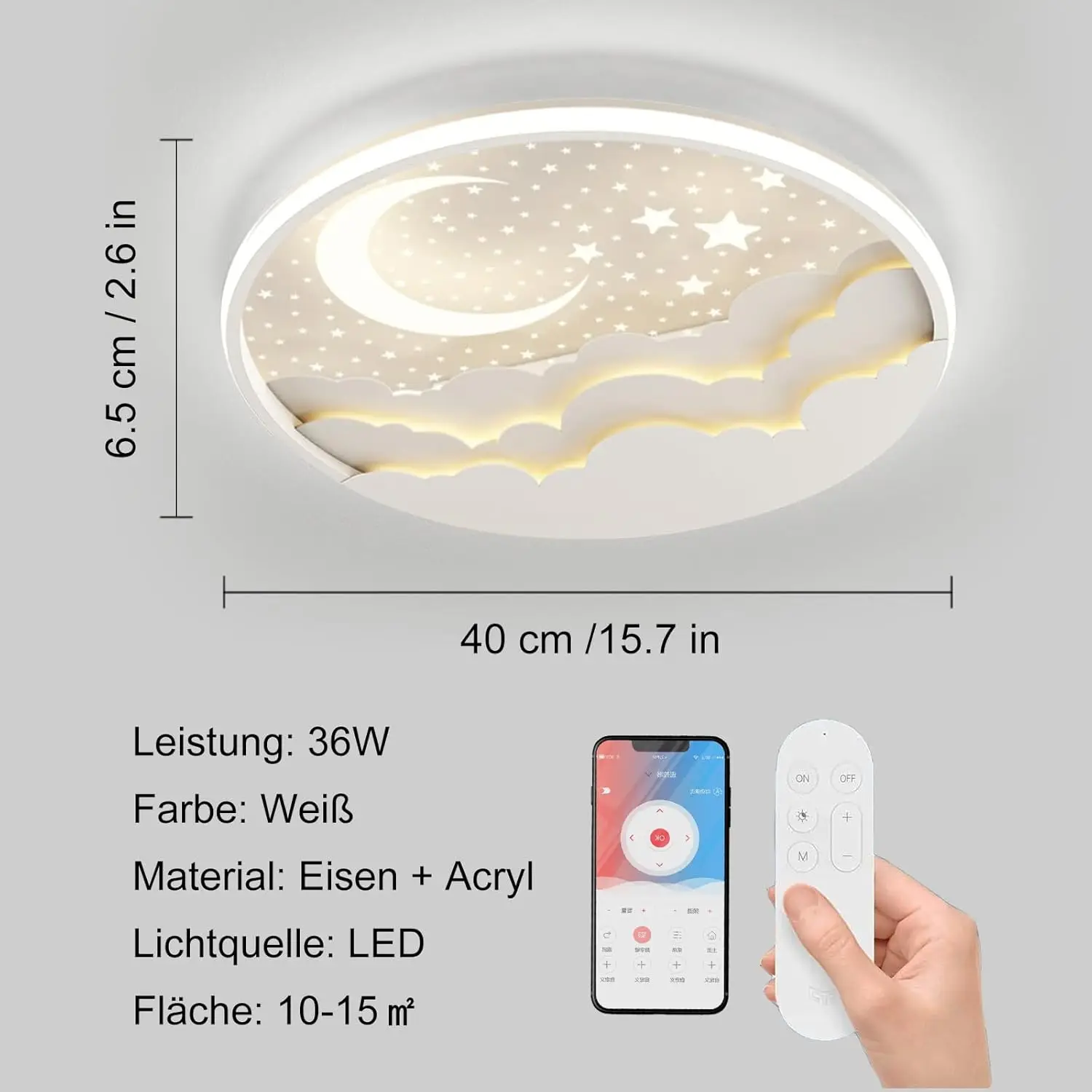 Led-plafondlamp voor kinderen, 50 cm Star Moon-plafondlamp kinderkamer dimbaar met app-afstandsbediening, 3000-6000K, voor jongens meisjes kinderkamer