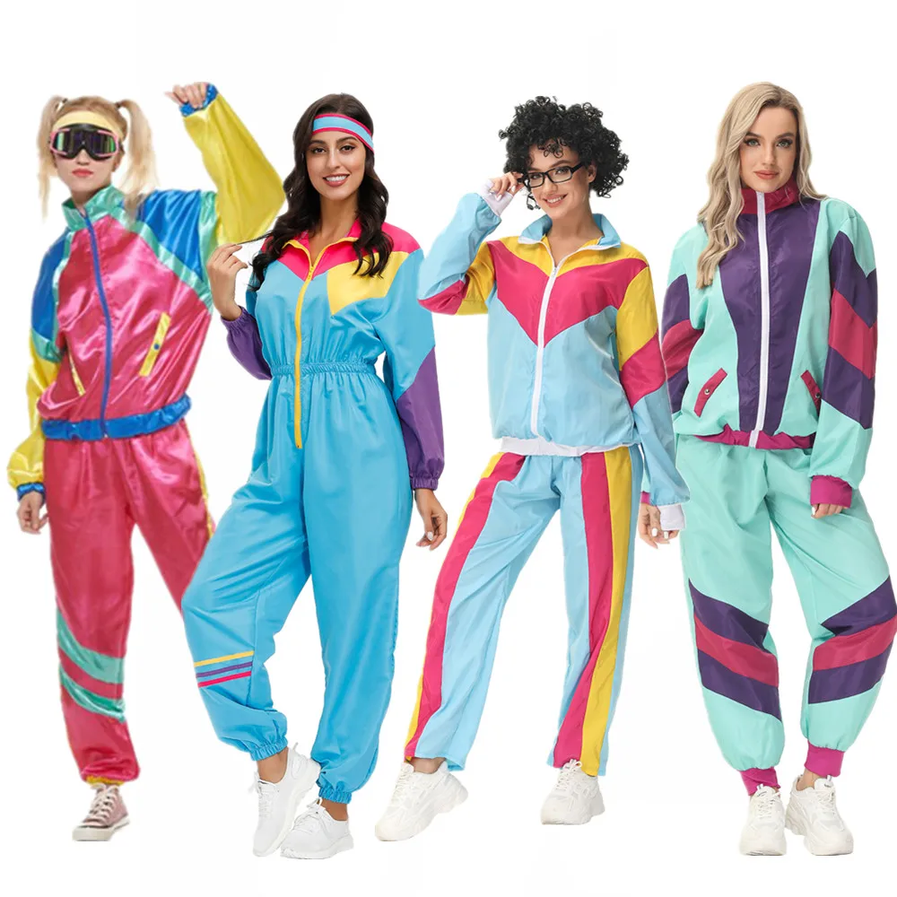 Disfraz de Halloween para mujer, ropa deportiva para Cosplay de hipies de los 80, traje de baile para adultos, vestido de fantasía para fiesta de Carnaval