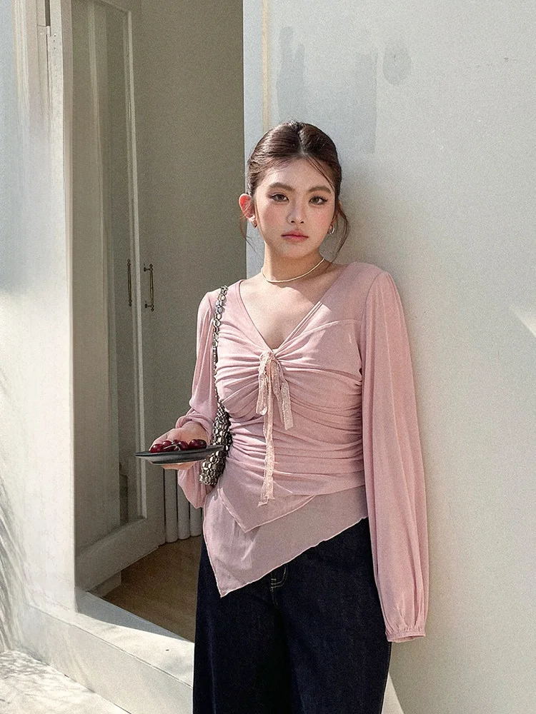 

Elegant plus Size Women's Long Sleeve Lace Shirt Beautiful Spring Fashion V-Neck Tie Waist Slimming Top Stylish Fairy-Like