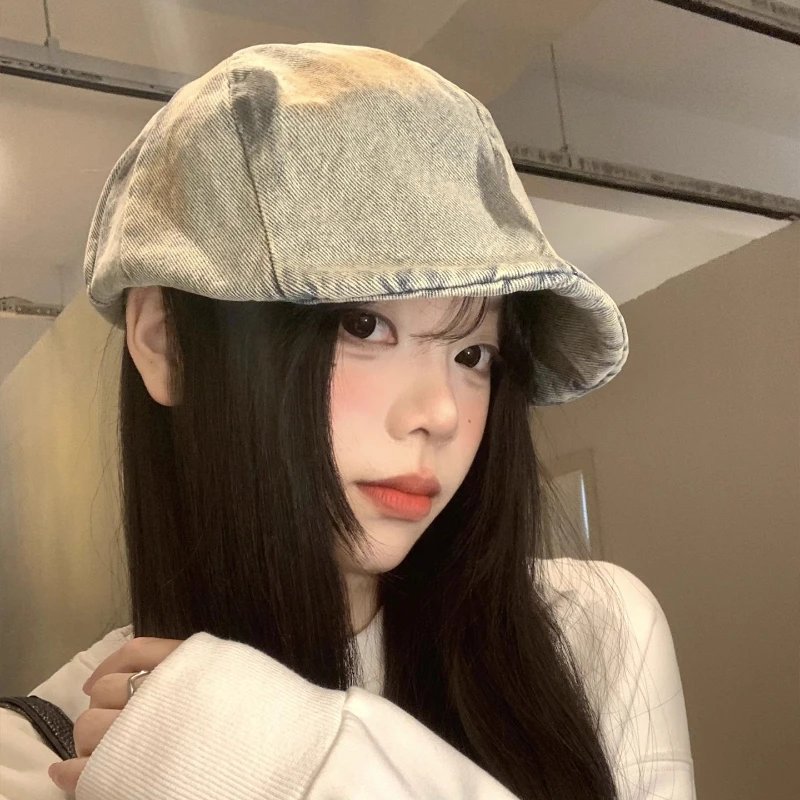 

Vintage Personalized Graffiti Washed Denim Berets for Women Spring Autumn Travel Versatile Show Face Small Literary Painter Hat