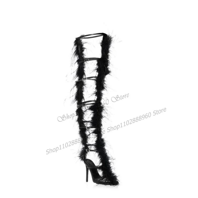 T-Strap Black Belt Fur Decor Sandal Boots Thin High Heel Women Shoes Belt Buckle Strap Pointed Toe 2023 Sexy Zapatos Para Mujere