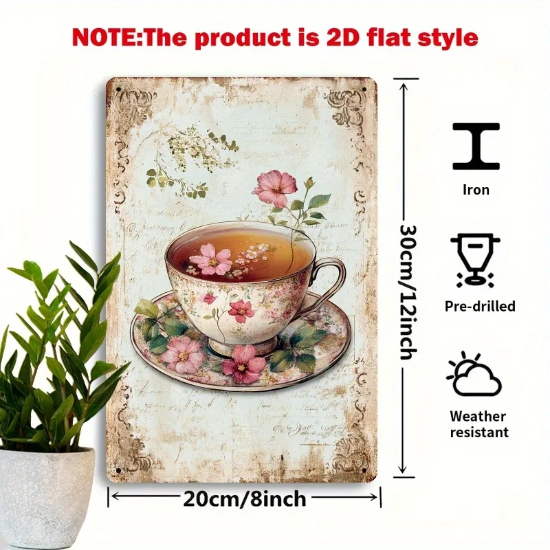 2D Flat, 1pc Vintage Teacup Floral Metal Wall Sign - Tea Cup & Tea Bags Decor, Iron Tea-Themed Plaque for Bathroom, Bedroom, - P