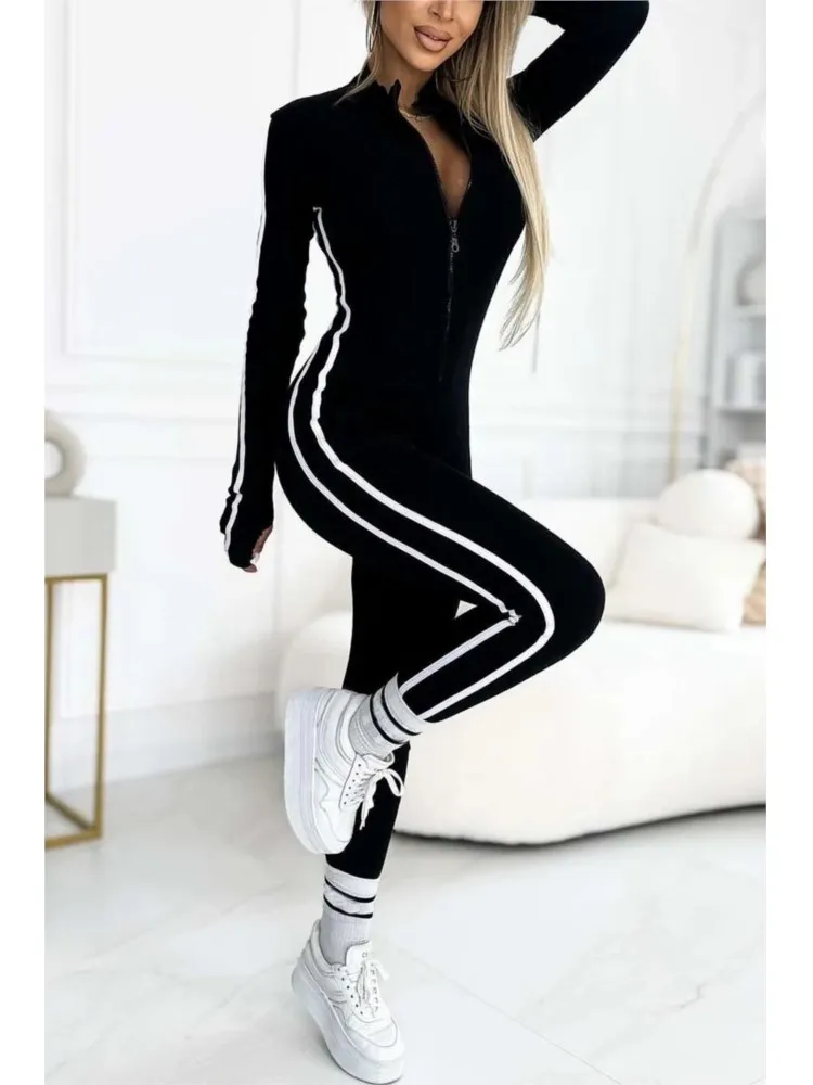 Fashion V-neck Long Sleeve Stripe Bodycon Jumpsuits 2025 Woman Autumn Winter Solid Sport Zipper Slim Jumpsuits For Women