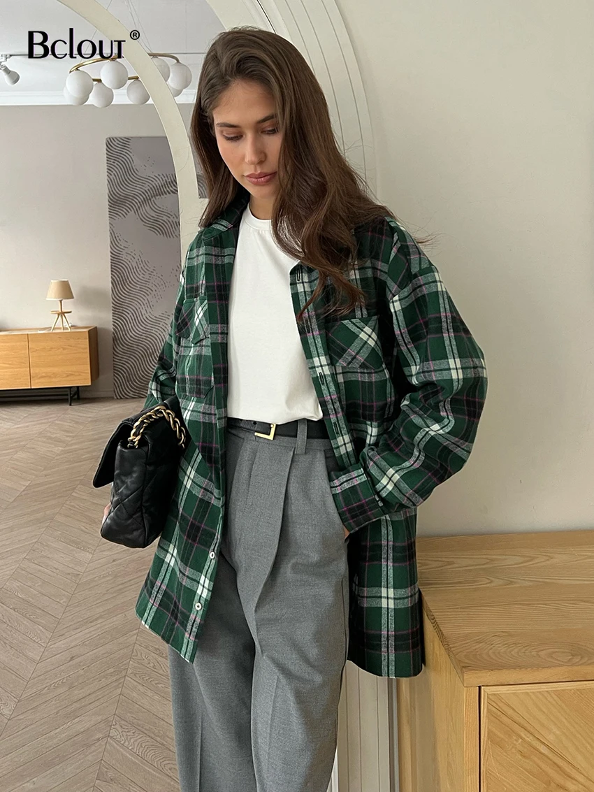 

Bclout Elegant Loose Green Plaid Shirts Blouses 2024 Women Fashion Long Sleeve Pockets Blouses Summer Party Shirts Coats Female