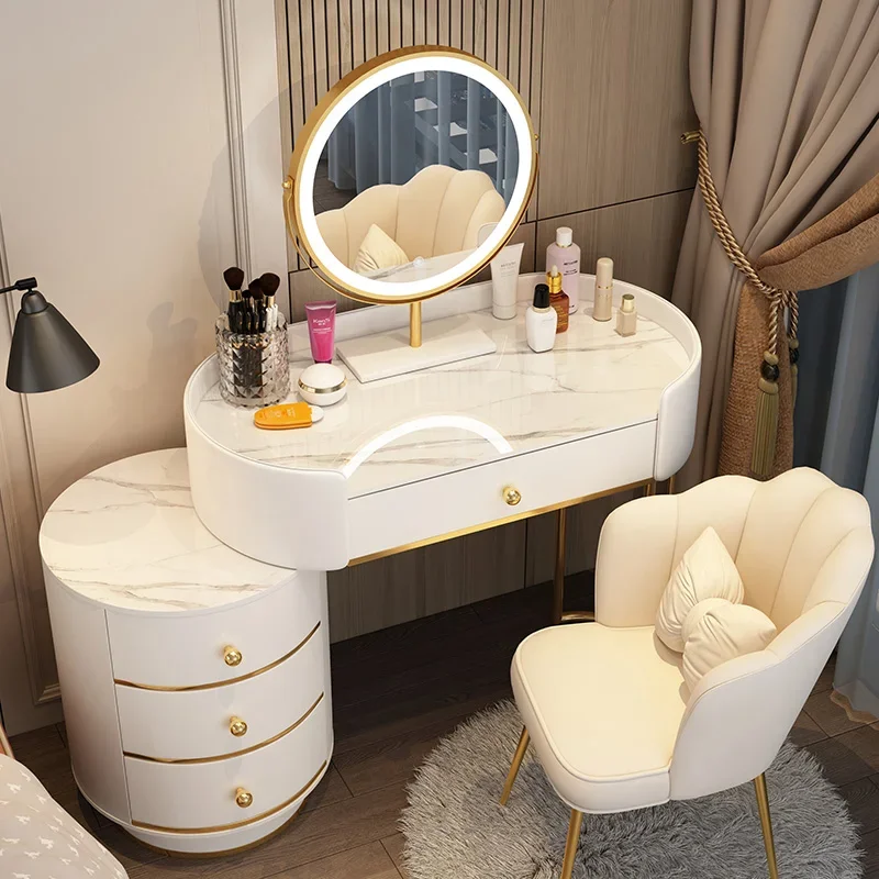 

Elegant Nordic Vanity Table Mirror Chair Modern Led Lights Makeup Table Cabinet Organizers Storage Coiffeuse Bedroom Furniture