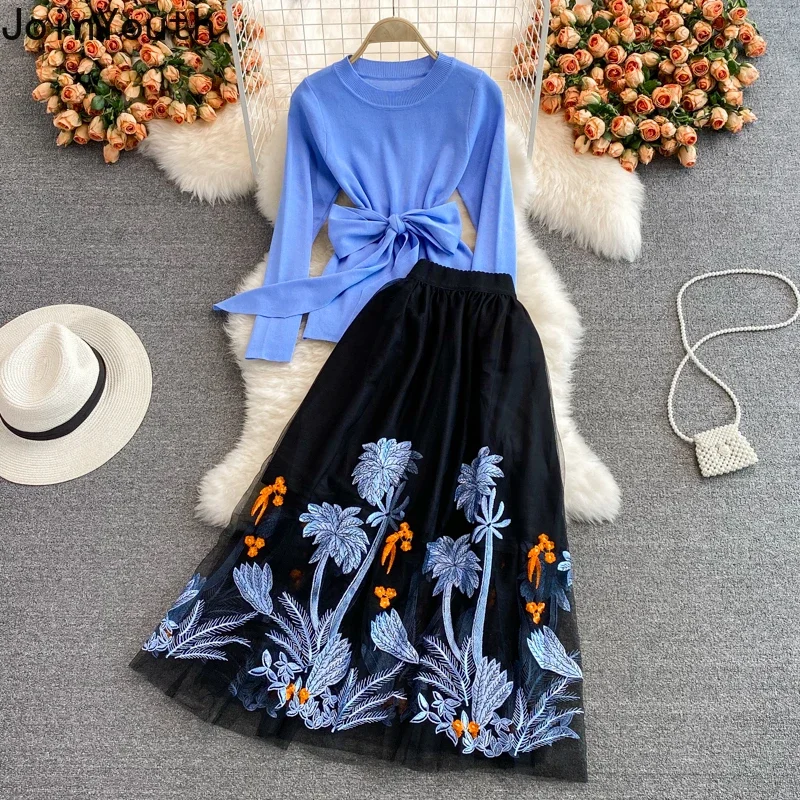 Korean Women Clothing Two Piece Sets Knitted Bandage Pullovers High Waist Gauze Embroidery Floral Skirt Suit Vintage Chic Set