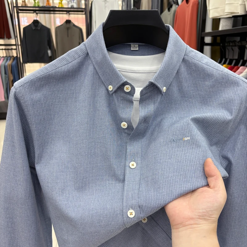 قميص رجالي خريفي عالي الجودة من القطن 100% بخطوط عمودية وأكمام طويلة معطف مطرز ملابس رجالية عصرية ترفيهية #2