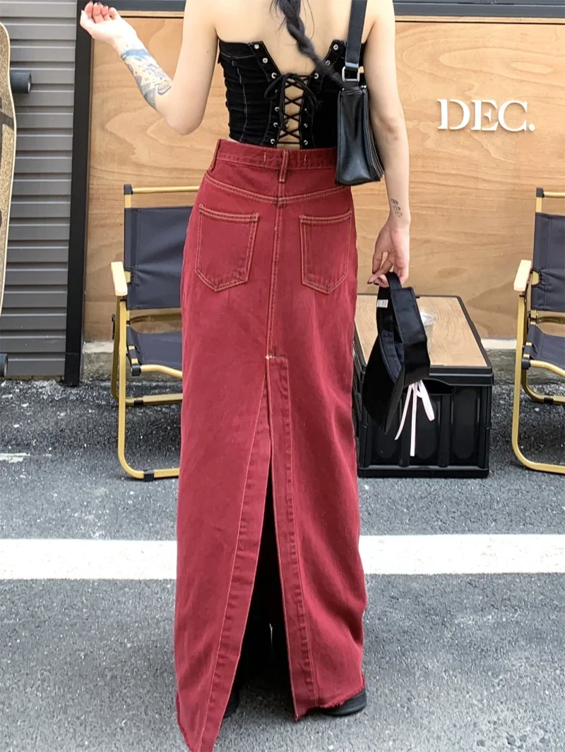 Women's Red Split Back Denim Skirt Summer Chic Design Street Style Solid Color Female Straight Floor Length Long Skirts