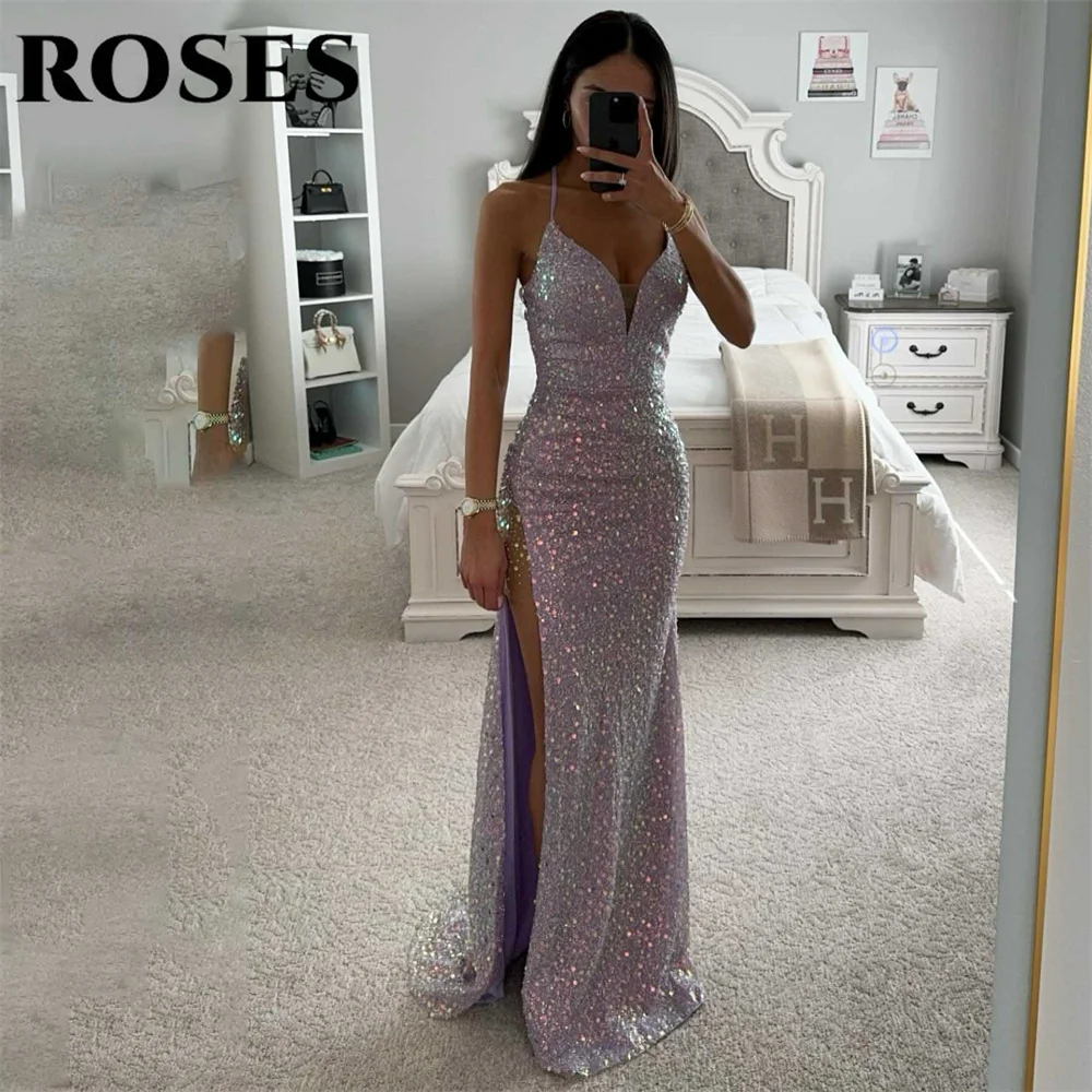 

ROSES Sliver Evening Dress Spaghetti Strap Trumpet Party Dress with Pleats V-Neck Vestido De Novia Sexy Side Split Prom Dress