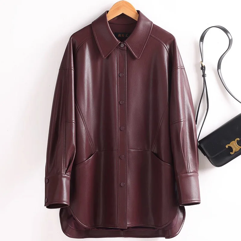 New Women Spring Autumn Split Leather Coat Fashion Turn-down Collar Single Breasted Loose Waist Casual Leather Coat Female