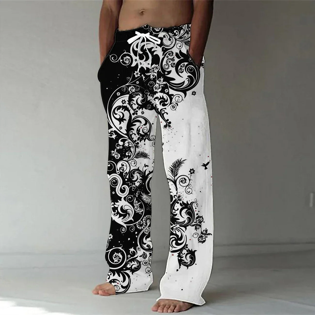 Handsome rabbit print men\'s pants, daily casual and comfortable bamboo linen, breathable men\'s casual pants loose hair