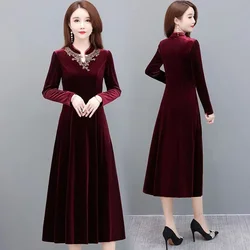 New Women Autumn Winter Velvet Dress Lady Long Sleeve Party Velour Dress Casual A-Line Elegant Vesitos Female Mid Long Dresses