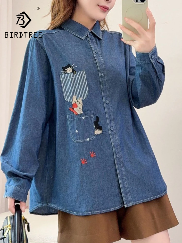 New 2026 Autumn Women Denim Long Sleeve Shirt, Turn-down Collar Cat Embroidery, Mori Girl Korean Commute Loose Blouse T69025CC