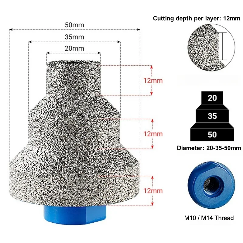 20-35-50mm Diamant-Stufen-Fasenbohrer Winkelschleifer-Lochsäge M10 M14 Gewinde für Marmor, Fliesen, Mauerwerk, Beton, Porzellan – Detail 2