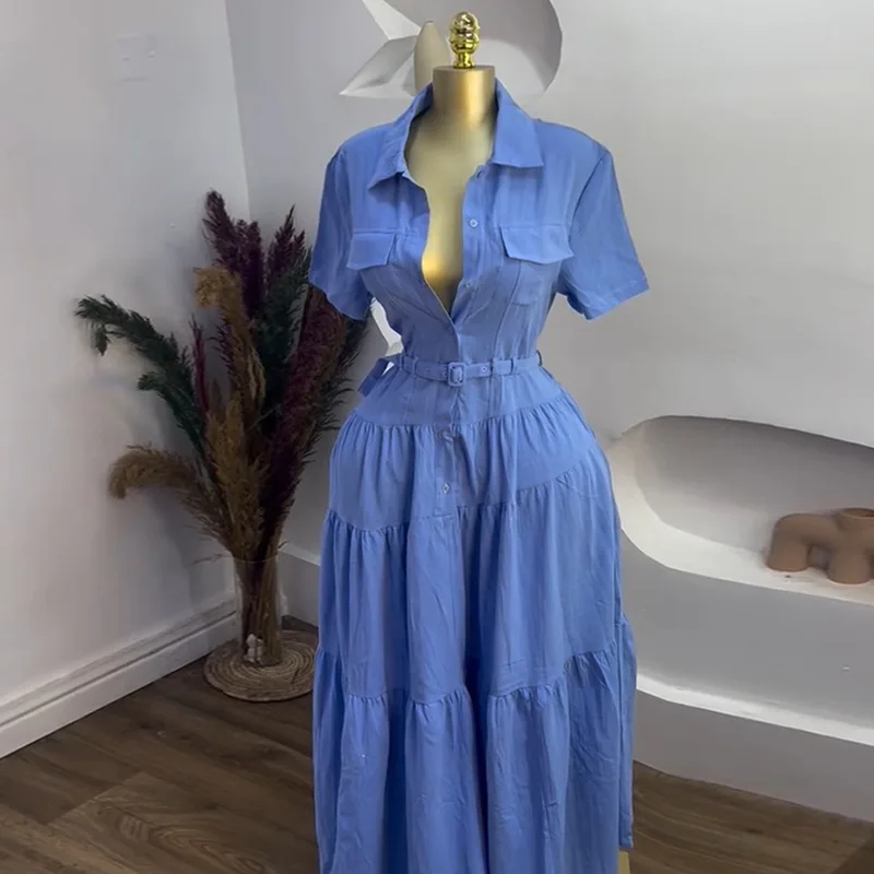 Summer Shirt Dress Women Fashion Turn-Down Collar Short Sleeve Solid Color Button Waist Belt A-Line Shirt Dress
