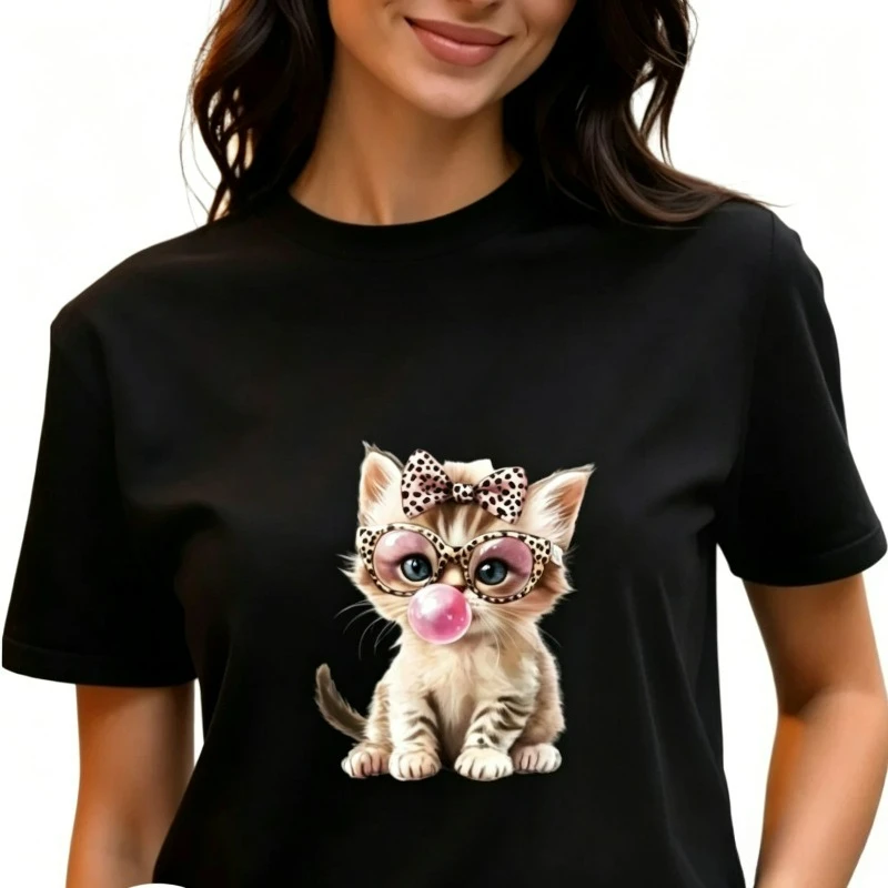 Women's Cute Cat T-shirt, Funny Bubblegum Graphic Tee, Black and White Options