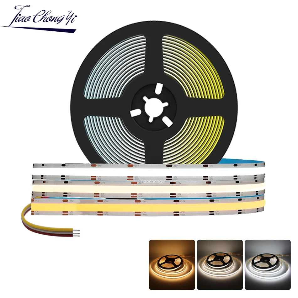 DC12V 24V COB CCT LED Light Strip  High Density Flexible FOB 10mm Led Lights RA90 Warm White with White Linear Dimmable