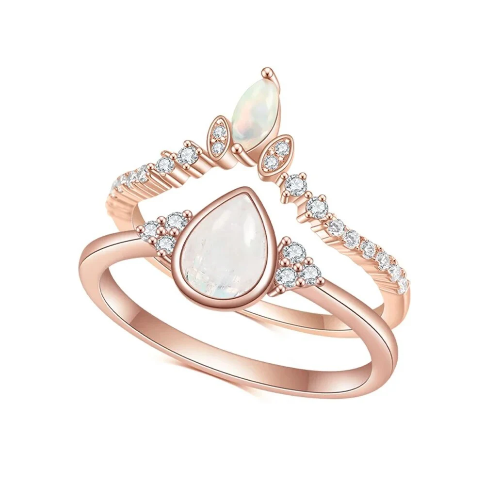 

Gem's Beauty 925 Sterling Silver Wedding Ring Set For Women Elegant Jewelry Pear Cut Engagement Rings Band Ring Moonstone Opal