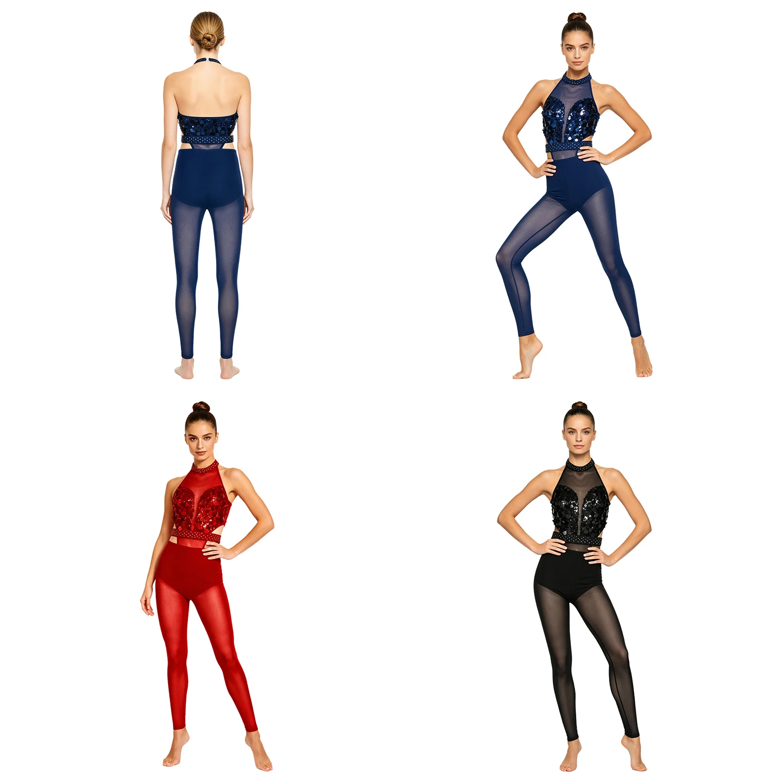 Women Halter Backless Sequin Cutout Sheer Mesh Figure Skating Gymnastics Jumpsuit Ballet Dance Acrobatics Yoga Leotard Dancewear