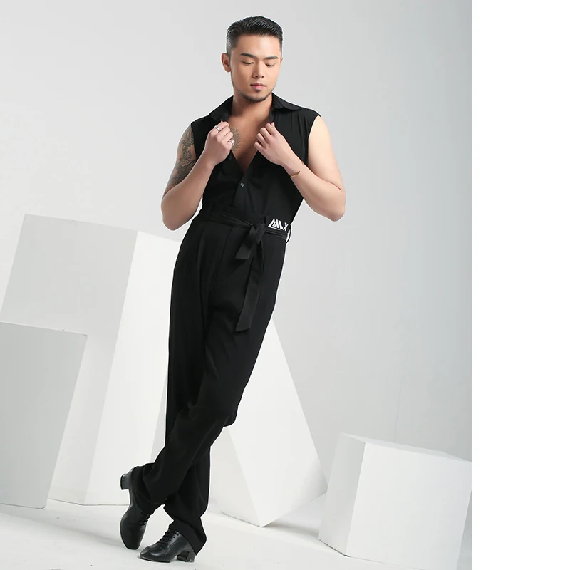 

2024 Latin Modern Dance Sleeveless Shirt Collar Design For Adult Men National Standard Latin Dance Training Clothing DQS15577