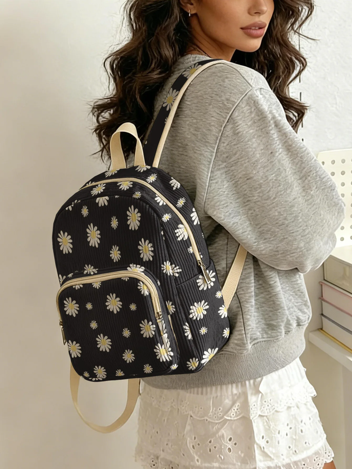 

Black Daisy Floral Print Women Fashion Backpack Corduroy Multi-pocket Large Capacity Commuter Bag