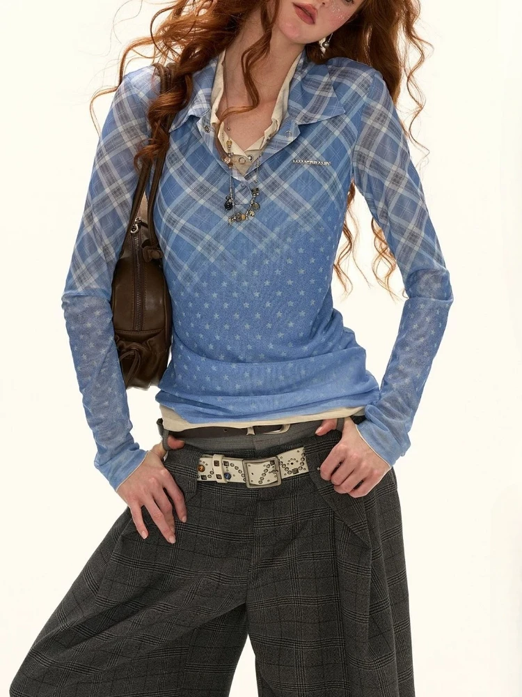 

Women Harajuku Gauze Plaid Star Printing Grunge Tops Streetwear Fairy Bodycon Tshirts Y2k Aesthetic Turn Down Collar T-shirt