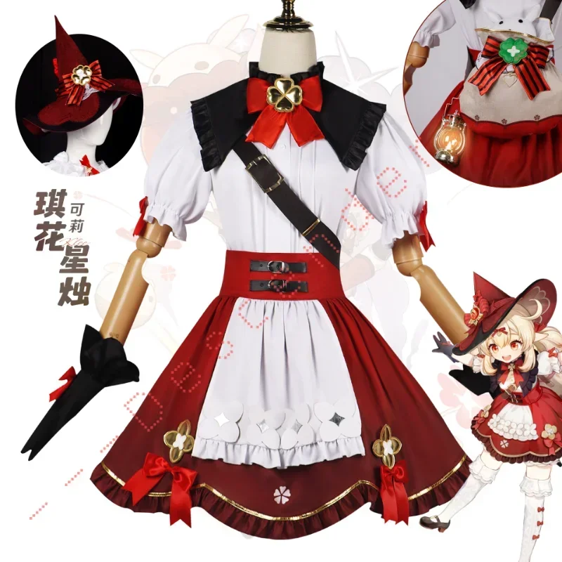 Klee-Disfraz de Genshin Impact para niños, traje con piel floreciente, luz de estrellas, vestido, sombrero, peluca, mochila, bruja, juego de cómic Cn para mujer