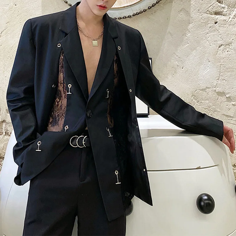 

Men's Design Sense Stitching Lace Metal Chain Buckle Casual Black Blazer Men's Streetwear Retro Stage Costume