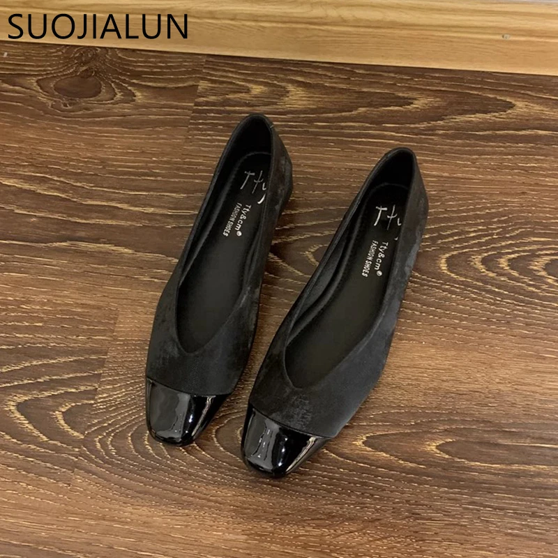 SUOJIALUN Summer New Women Flat Shoes Fashion Shallow Slip On Ladies Elegant Ballerinas Shoes Soft Flat Heel Round Toe Boat Shoe