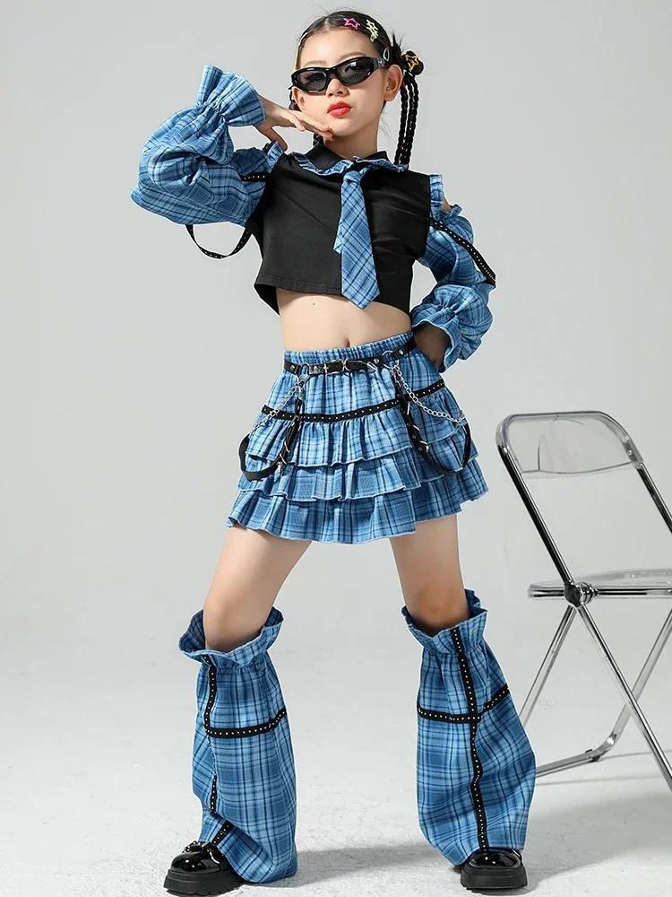 

Blue Plaids Jazz Dance Costume Off-Shoulder Tops Skirt Cheerleading Uniform Fashion Festival Party Outfit Kpop Clothing DL11339