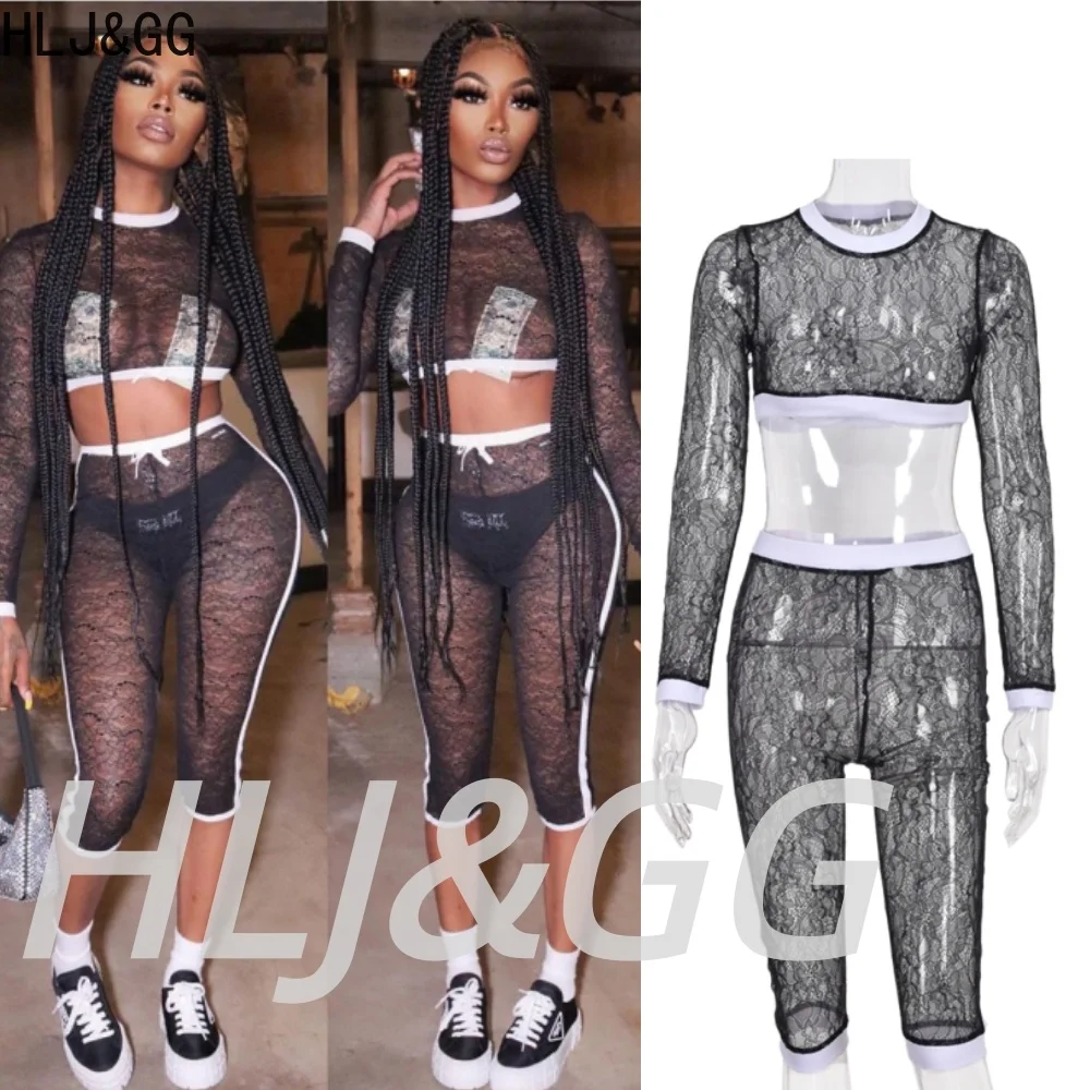 

HLJ&GG Black Sexy Mesh See Though Splicing Two Piece Sets Women O Neck Long Sleeve Crop Top And Shorts Outfit Fashion Streetwear