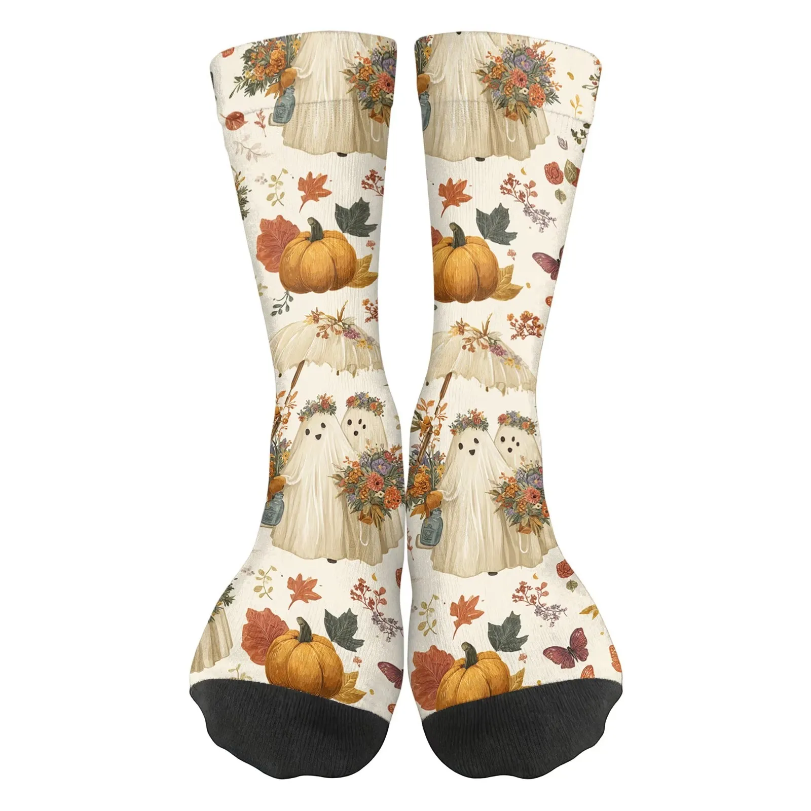 Halloween Ghost Pumpkin Print Crew Socks Unisex Mid Calf Casual Fall Novelty Socks
