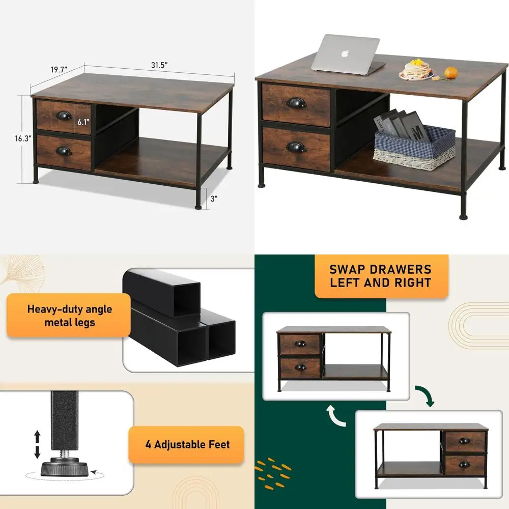 

Storage Drawers Coffee Table for Living Room, 2-Tier Wooden Rectangular Table, Compact Brown Coffee Table, Metal Accent Side Tab