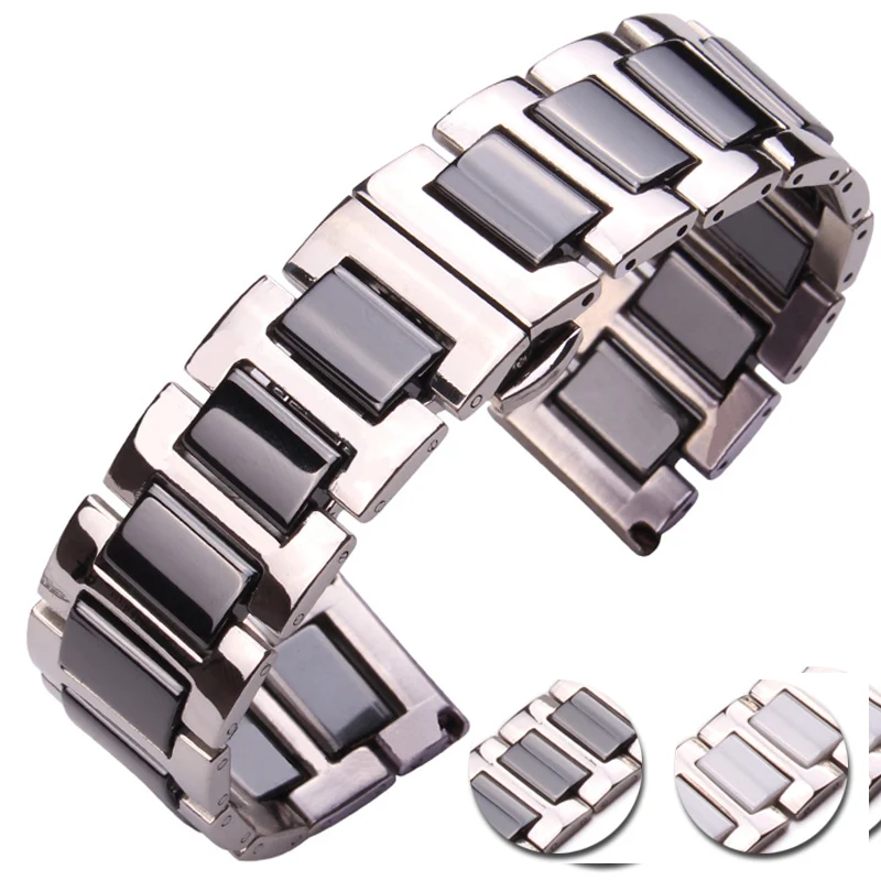 16 18 20mm Stainless Steel Bracelet Middle Ceramic Links Watch Band Men Lady White Black Clock Accessories Watchband Strap