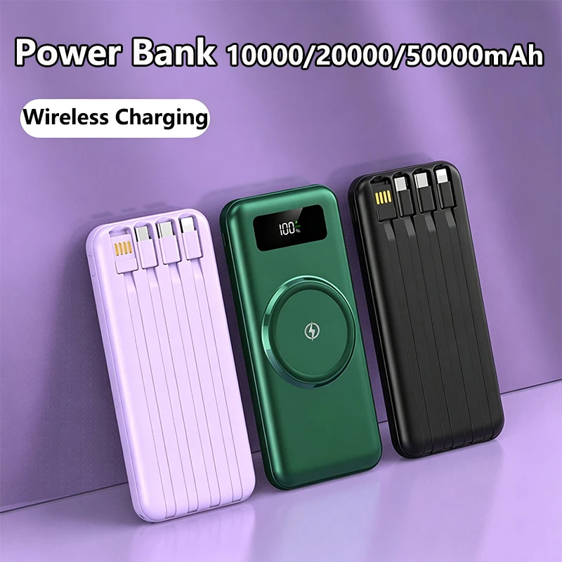 Power Bank 50000mAh Built in Cable Wireless Charger Powerbank for iPhone 17 16 Samsung Xiaomi Huawei External Spare Battery Pack