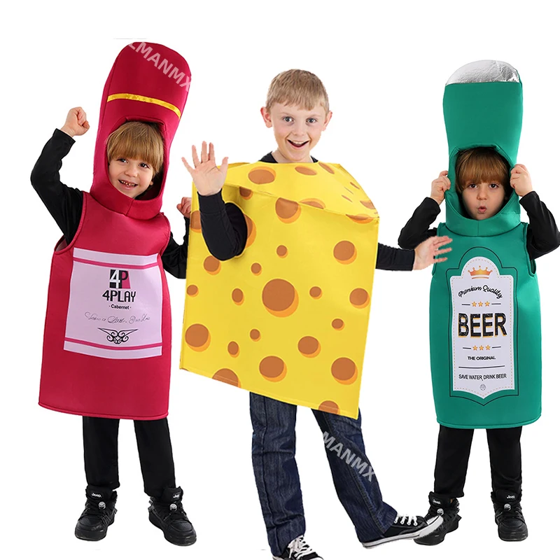 Unisex Cute Boy Beer Halloween Fancy Dress Up Party Food Cosplay Girl Red Wine Bottle and Cheese Costume For Kids