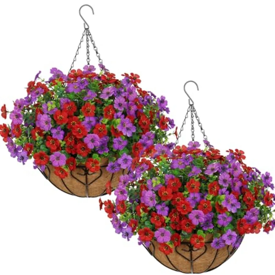 

2 комплекта искусственных цветов с подвесной корзиной, 24 шт. искусственных шелковых азалий, устойчивых к УФ-излучению, в фиолетово-красных тонах, для улицы, веранды, сада